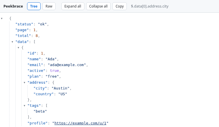 Peekbrace tree view of a sample JSON response, with the path $.data[0].address.city shown in the toolbar