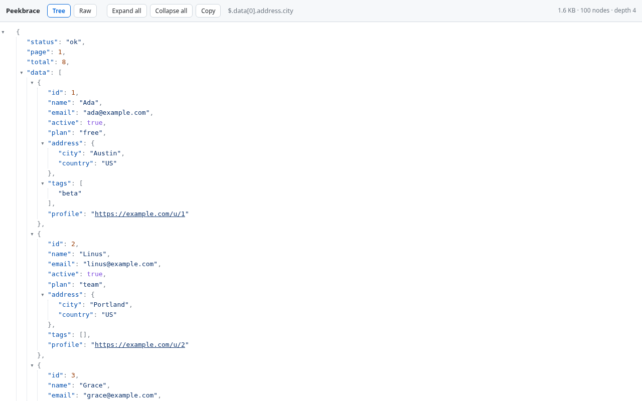 Peekbrace showing a JSON document as a folding tree in the light theme